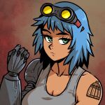  1girl akairiot blue_hair breasts brown_background cleavage collarbone commission goggles goggles_on_head gradient gradient_background green_eyes grey_tank_top looking_at_viewer mechanical_arms medium_hair original single_mechanical_arm solo tank_top tattoo 