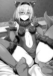  1girl animal_ears blush breasts closed_mouth commentary_request cosplay dangerous_beast elbow_gloves eyebrows_visible_through_hair fate/grand_order fate_(series) feet fur-trimmed_collar fur-trimmed_legwear fur_trim glasses gloves greyscale hair_between_eyes hairband halloween_costume highres ijima_yuu looking_at_viewer mash_kyrielight mash_kyrielight_(cosplay) medium_breasts monochrome navel paw_pose ryuuou_no_oshigoto! short_hair sitting smile soles solo sora_ginko sweatdrop tail thighhighs thighs wolf_ears wolf_tail 