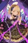  1girl bangs blunt_bangs braid briar_rose_(sinoalice) choker dress feathers flower hair_feathers highres holding holding_feather looking_at_viewer nomi_(kurocxx110) open_mouth petals pink_flower plant signature sinoalice solo teeth thorns vines yellow_eyes 