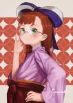  1girl adjusting_eyewear anne_(wixoss) bangs blunt_bangs blush brown_hair closed_mouth from_side green_eyes hair_ribbon hakama hand_on_hip hand_up highres japanese_clothes long_hair long_sleeves looking_at_viewer looking_to_the_side mole mole_under_eye purple_ribbon red_hakama ribbon rimless_eyewear round_eyewear shamonabe shippou_(pattern) signature smile solo upper_body wixoss 