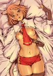  animal_ears bad_id bad_pixiv_id bed between_breasts blue_eyes branch_(blackrabbits) breasts final_fantasy final_fantasy_xi fingerless_gloves gloves lying medium_breasts mithra navel nipples open_clothes open_shirt red_hair shirt short_hair solo tail 