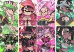  4girls alternate_costume aori_(splatoon) bandana_over_mouth bandanna beanie cephalopod_eyes column_lineup crown gas_mask gloves goggles goggles_on_head green_eyes hat hime_(splatoon) hood hoodie hotaru_(splatoon) iida_(splatoon) looking_at_viewer midriff mole mole_under_eye mole_under_mouth multicolored_hair multiple_girls navel pointy_ears purple_hair short_hair smile splatoon splatoon_(series) splatoon_2 stomach_tattoo sunglasses symbol-shaped_pupils tattoo tentacle_hair two-tone_hair weapon wong_ying_chee yellow_eyes 