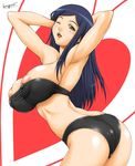  areolae armpits arms_behind_head arms_up artist_name ass bandeau bangs bikini black_hair breasts butt_crack covered_nipples cowboy_shot gegera green_eyes highres huge_breasts kuga_natsuki large_areolae my-hime nipple_slip nipples one_eye_closed open_mouth puffy_nipples solo sweat swept_bangs swimsuit tongue twisted_torso 