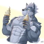  1:1 2019 abs anthro biceps canid canine canis dessert food fur ice_cream ice_cream_cone male mammal muscular muscular_anthro muscular_male naruever pecs simple_background solo wolf zack_(naruever) 