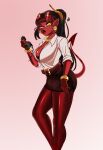  1girl absurdres bangs black_hair bracelet breasts collared_shirt colored_skin demon demon_girl glasses highres horns jewelry legs long_hair looking_at_viewer meruccubus_(merunyaa) merunyaa necktie pointy_ears ponytail red_skin shirt skirt solo source_request tail 