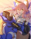  1girl animal_ear_fluff animal_ears bare_shoulders blue_kimono blue_legwear blue_ribbon breasts cleavage collarbone detached_sleeves double_fox_shadow_puppet eyebrows_visible_through_hair fang fate/extella fate/extra fate/extra_ccc fate/grand_order fate_(series) fox_ears fox_girl fox_shadow_puppet fox_tail hair_ribbon highres japanese_clothes kimono large_breasts looking_at_viewer lying on_bed open_mouth other5555 pink_hair ribbon solo tail tamamo_(fate)_(all) tamamo_no_mae_(fate) yellow_eyes 