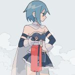  1girl bare_shoulders belt blue_belt blue_eyes blue_hair blue_skirt breasts cape closed_mouth cowboy_shot detached_sleeves facing_away fire_extinguisher frills gloves grey_background hand_on_hip holding legs_apart looking_afar mahou_shoujo_madoka_magica miki_sayaka pleated_skirt profile shiny shiny_hair short_hair simple_background skirt small_breasts smile solo steam strapless thighs tsurime white_cape white_gloves yuri7s0 