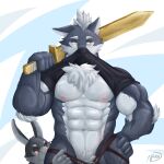  1:1 2020 abs anthro biceps canid canine canis clothed clothing fur group holding_object lagomorph leporid male mammal muscular muscular_anthro muscular_male naruever nero_(naruever) nipples pecs practice_sword rabbit signature simple_background undressing weapon wolf wooden_sword zack_(naruever) 