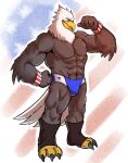  2020 3_toes 4_fingers abs accipitrid accipitriform anthro avian bald_eagle beak biceps biped bird bird_feet blue_eyes bracelet brown_body brown_feathers bulge claws clothed clothing digital_media_(artwork) eagle feathers feet fingers fist flag_background flexing front_view full-length_portrait gesture grey_claws hand_on_hip jewelry jockstrap legwear looking_at_viewer male mrkermodebear multicolored_body multicolored_feathers muscular muscular_anthro muscular_male owen_(mrkermodebear) pecs plantigrade pointing pointing_at_self portrait quads scutes sea_eagle shaded skimpy smile smirk solo standing stars_and_stripes stockings tail_feathers talons toe_claws toes topless triceps underwear united_states_of_america white_body white_feathers wrestler yellow_beak 