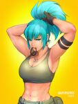  1girl 2021 abs adjusting_hair arm_strap armpits arms_behind_head arms_up artist_name black_gloves blue_eyes blue_hair breasts cleavage dog_tags earrings english_commentary eyelashes gloves green_sports_bra hair_tie hair_tie_in_mouth hands_in_hair jewelry large_breasts leona_heidern long_hair midriff mouth_hold muscular muscular_female navel ponytail quasimodox revision solo sports_bra the_king_of_fighters triangle_earrings tying_hair upper_body yellow_background 