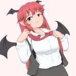  1girl bat_wings black_dress black_skirt black_vest blush breasts camp_of_hunger collared_shirt come_hither demon_girl dress head_wings huge_breasts koakuma long_hair long_sleeves looking_at_viewer loose_necktie necktie red_eyes red_hair red_neckwear seductive_smile shirt skirt skirt_set smile solo touhou undone_necktie undressing vest white_shirt wings 