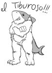  absurd_res anthro fin fish fur hi_res hybrid male mammal marine monochrome mr_fuwa pose shark simple_background smile smiling_at_viewer solo ursid 
