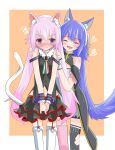  .live 2girls absurdres animal_ears blush breasts carro_pino cat_ears cat_tail closed_eyes commentary_request detached_sleeves fang highres long_hair multiple_girls navel open_mouth pink_hair purple_hair red_eyes rurun_rururica small_breasts tail tanabata_stew thighhighs wolf_ears 