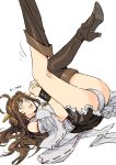  1girl :d boots bound bound_arms brown_footwear brown_hair double_bun feet_out_of_frame from_side grey_eyes hairband hands_up high_heel_boots high_heels highres kantai_collection kongou_(kancolle) long_hair lying on_back open_mouth ruukii_drift simple_background smile solo sweat thigh_boots thighhighs upper_teeth white_background wide-eyed 