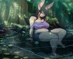  anklet anthro bathing bedroom_eyes belly big_breasts black_hair breasts buckteeth cleavage clothed clothing ear_piercing ear_ring female forest hair jewelry lagomorph leporid long_hair looking_back mammal narrowed_eyes navel outside partially_submerged piercing plant rabbit seductive slightly_chubby smile solo teeth thick_thighs tree volkenfox wet 