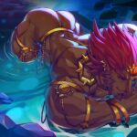  2021 armlet bent_over biceps black_sclera bracelet butt dark_body dark_skin digital_media_(artwork) ear_piercing facial_hair ganondorf gerudo hair hi_res holo_eden humanoid humanoid_pointy_ears jewelry male mammal muscular muscular_humanoid muscular_male nintendo not_furry nude partially_submerged piercing red_eyes red_hair smile smirk the_legend_of_zelda video_games water 