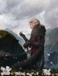  1girl anatofinnstark artist_name crown day eowyn flower from_side fur-trimmed_jacket fur_trim gauntlets grave highres holding holding_flower holding_sword holding_weapon jacket lord_of_the_rings outdoors profile scenery short_hair solo standing sword tree weapon white_flower 