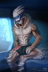  alien anthro aquarium bulge claws clothed clothing digital_media_(artwork) feet garrus_vakarian hi_res looking_at_viewer male mass_effect mostly_nude muscular muscular_anthro muscular_male not_furry open_mouth partially_clothed scales solo todex toes tongue turian underwear video_games visor vivarium water 