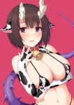  1girl absurdres animal_ears animal_print arm_under_breasts bangs bare_shoulders bell bikini blush breasts bridal_gauntlets broken_horn brown_hair cleavage collar cow_ears cow_print eriko_(princess_connect!) eyebrows_visible_through_hair fingernails highres horns horosuke large_breasts long_fingernails looking_at_viewer navel parted_lips princess_connect! princess_connect!_re:dive print_bikini purple_eyes short_hair smile solo sparkling_eyes stomach swimsuit upper_body 