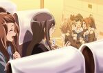  5girls absurdres arm_around_shoulder black_hair blonde_hair blue_hair blue_neckwear blue_shirt blush brown_hair brown_shirt brown_skirt bus bus_interior closed_eyes green_eyes ground_vehicle hair_ornament hair_ribbon hibike!_euphonium highres kasaki_nozomi kenzaki_ririka kitauji_high_school_uniform kurumiyasan_ns liz_to_aoi_tori long_hair long_sleeves looking_at_another motor_vehicle multiple_girls nakagawa_natsuki neckerchief open_mouth orange_hair pleated_skirt ponytail purple_eyes red_eyes ribbon sailor_collar school_uniform serafuku shirt sitting skirt smile standing surprised white_sailor_collar window yellow_ribbon yoroizuka_mizore yoshikawa_yuuko 