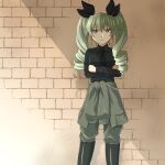  1girl anchovy_(girls_und_panzer) anzio_military_uniform bangs beni_(bluebluesky) black_neckwear black_ribbon black_shirt boots brick_wall closed_mouth clothes_around_waist commentary crossed_arms dress_shirt drill_hair eyebrows_visible_through_hair frown girls_und_panzer green_hair grey_jacket grey_pants hair_ribbon highres jacket jacket_around_waist knee_boots long_hair long_sleeves looking_at_viewer military military_uniform necktie pants red_eyes ribbon shirt solo standing twin_drills twintails uniform wing_collar 