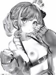  1girl blush breasts chest_belt chest_harness closed_mouth crown greyscale hair_ornament hand_up harness heart heart_hair_ornament highres indie_virtual_youtuber kouma_toware long_sleeves looking_at_viewer medium_breasts medium_hair mini_crown monochrome nanashi_(nlo) nipples simple_background sleeves_past_wrists solo tilted_headwear virtual_youtuber white_background 