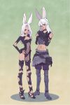  1boy 1girl animal_ears armor bunny_ears covered_navel crop_top crossed_arms final_fantasy final_fantasy_xiv greaves hand_on_hip highres looking_at_viewer midriff pelvic_curtain pk_yumyou silver_hair standing viera 