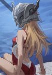  1girl ass blonde_hair breasts competition_swimsuit fate/apocrypha fate_(series) from_behind helmet highres long_hair looking_at_viewer looking_back mordred_(fate) mordred_(fate)_(all) one-piece_swimsuit poolside red_swimsuit sitting small_breasts solo swimsuit tonee water 