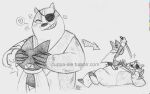  &lt;3 anthro badger badgerclops blush cartoon_network covering covering_eyes covering_face cuppa-ale domestic_cat duo felid feline felis katana male male/male mammal mao_mao:_heroes_of_pure_heart melee_weapon mustelid musteline sword traditional_media_(artwork) weapon 