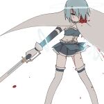  1girl belt blood blood_drop blood_on_face blood_stain blood_trail bloody_clothes bloody_hair blue_belt blue_eyes blue_hair blue_skirt breasts cape circle expressionless feet_out_of_frame floating_cape frills glowing hair_over_one_eye holding holding_sword holding_weapon legs_apart looking_at_viewer magic mahou_shoujo_madoka_magica miki_sayaka muted_color no_mouth no_nose outstretched_arm pleated_skirt short_hair simple_background skirt small_breasts solo standing strapless sword thighhighs weapon white_background white_cape white_legwear yuri7s0 zettai_ryouiki 
