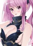  1girl :p armor armored_dress azur_lane bangs bare_shoulders black_ribbon blush breasts cleavage collarbone commentary dress eyebrows_visible_through_hair hair_between_eyes hair_ribbon la_galissonniere_(azur_lane) large_breasts long_hair looking_at_viewer ootani_nonno pink_eyes pink_hair ribbon sidelocks simple_background sleeveless sleeveless_dress smile solo standing tongue tongue_out twintails upper_body visor_(armor) white_background 