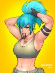  1girl 2021 abs adjusting_hair arm_strap armpits arms_behind_head arms_up artist_name black_gloves blue_eyes blue_hair breasts cleavage dog_tags earrings eyelashes gloves green_sports_bra hair_tie hair_tie_in_mouth hands_in_hair jewelry large_breasts leona_heidern long_hair midriff mouth_hold muscular muscular_female navel ponytail quasimodox solo sports_bra the_king_of_fighters triangle_earrings tying_hair upper_body yellow_background 