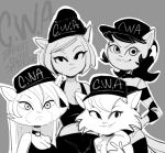  2021 anthro baseball_cap beanie black_and_white cleo_catillac clothing dbaru domestic_cat felid feline felis female flo_(catillac_cats) group hanna-barbera hat headgear headwear heathcliff_and_the_catillac_cats hi_res katty_katswell mammal monochrome nickelodeon panther_(top_cat) parody t.u.f.f._puppy top_cat_(series) top_cat_begins 