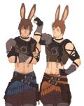  2boys =3 absurdres adventurer_(ff14) alternate_race animal_ears ardbert_(ff14) artist_name belt_pouch black_collar blue_eyes brown_hair bunny_ears clothing_cutout collar commentary cowboy_shot crossed_arms english_commentary facial_hair final_fantasy final_fantasy_xiv fingerless_gloves gloves hand_on_hip highres kemonomimi_mode kia_shie looking_away male_focus midriff multiple_boys navel navel_hair poking pouch short_hair shoulder_cutout simple_background single_pauldron stubble tassel vambraces viera white_background 