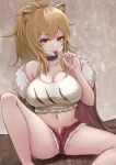  1girl absurdres animal_ears arknights bangs bare_arms bare_shoulders black_choker blonde_hair breasts candy choker cleavage collarbone commentary_request eyebrows_visible_through_hair food fur-trimmed_jacket fur_trim hair_between_eyes highres holding holding_food jacket knee_up large_breasts licking lion_ears lion_tail lollipop long_hair looking_at_viewer midriff navel off_shoulder red_shorts short_shorts shorts siege_(arknights) sitting solo srn_ana tail tank_top thighs tongue tongue_out unbuttoned_shorts white_background white_tank_top yellow_eyes 