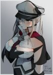  1girl absurdres black_gloves blonde_hair breasts capelet commentary_request gloves graf_zeppelin_(kancolle) grey_eyes hair_between_eyes hat highres jacket kantai_collection large_breasts long_hair looking_to_the_side military military_hat military_uniform necktie one-hour_drawing_challenge open_clothes peaked_cap sidelocks solo toriniku_senshi_chikinman tsurime twintails uniform upper_body 