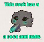  areye_(artist) balls basalt_(inkplasm) black_sclera blush elemental_creature genitals glistening glistening_body green_eyes grey_body grey_skin humor jewish_mythology male meme mineral_fauna mythological_golem mythology not_furry penis rock rock_creature solo vein veiny_penis 