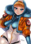  1girl apex_legends artist_name bangs blue_bodysuit blue_eyes blue_gloves blue_headwear bodysuit cable clenched_hand dated gloves highres hood hooded_jacket jacket light_smile looking_at_viewer orange_jacket ramune02 ribbed_bodysuit scar scar_on_cheek scar_on_face smile solo wattson_(apex_legends) white_bodysuit 