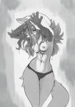  5_fingers after_shower anthro breasts canid canine clothed clothing female fingers fox hair hi_res kiu-wot looking_at_viewer mammal monochrome nipples raised_arm simple_background small_breasts solo topless tower underwear wet wet_hair 