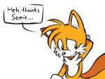  ... 2_tails 4:3 anthro biped black_eyes canid canine clothing dialogue digital_media_(artwork) english_text fox fur gloves hand_behind_head handwear hi_res looking_aside looking_down male mammal miles_prower multi_tail orange_body orange_fur sikyurame simple_background smile solo sonic_the_hedgehog_(series) speech_bubble standing text white_background white_body white_clothing white_fur white_gloves 