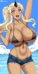  1girl :d alternate_hairstyle arm_up bikini blonde_hair blue_sky breasts cleavage cloud collarbone commentary cowboy_shot cutoffs dark_skin dark_skinned_female day fang groin horns huge_breasts long_hair looking_at_viewer micro_shorts monster_musume_no_iru_nichijou navel open_mouth outdoors pointy_ears polka_dot polka_dot_bikini ponytail red_eyes shorts sidelocks single_horn sky smile solo stomach swimsuit tionishia twitter_username twrlare unbuttoned_shorts water 