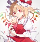  +_+ 1girl bangs blonde_hair bow candy closed_mouth crystal dress eyebrows_visible_through_hair flandre_scarlet food hair_between_eyes hat hat_bow highres holding holding_food lollipop looking_at_viewer mob_cap puffy_short_sleeves puffy_sleeves red_bow red_dress red_eyes short_sleeves side_ponytail simple_background solo thighhighs touhou white_background white_headwear white_legwear wings yurui_tuhu 