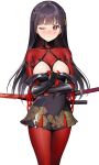  1girl ameyame areola_slip areolae bangs black_hair blunt_bangs blush braid breasts closed_mouth dohna_dohna eyebrows_visible_through_hair highres katana long_hair looking_at_viewer medium_breasts mibu_kikuchiyo off_shoulder one_eye_closed pantyhose red_eyes red_legwear simple_background solo standing sweat sword v-shaped_eyebrows weapon white_background 