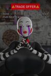  2021 2:3 3d_(artwork) absurd_res animatronic bald big_breasts black_body black_eyebrows blurred_background breasts digital_media_(artwork) english_text eyebrows eyelashes facial_markings female fingers five_nights_at_freddy&#039;s five_nights_at_freddy&#039;s_2 half-closed_eyes head_markings hi_res huge_breasts lipstick living_puppet looking_at_viewer machine makeup marionette_(fnaf) markings meme multicolored_body narrowed_eyes not_furry puppet_(fnaf) red_cheeks red_lipstick robot solo striped_arms sunr4y tear_(marking) text trade_offer video_games 