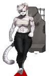  absurd_res anthro big_breasts bodily_fluids bottomwear bound_breasts breasts choker clothing facing_viewer felid female grey_eyes grey_hair hair hi_res jewelry mammal muscular muscular_anthro muscular_female necklace pantherine pants pgm300 simple_background snow_leopard solo sweat 