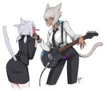 2girls absurdres animal_ears artist_self-insert blood blush breasts cat_ears cat_tail cropped_legs dark_skin dark_skinned_female facial_mark feathers final_fantasy final_fantasy_xiv formal full-face_blush gloves grey_hair guitar hair_feathers highres hjz_(artemi) instrument jewelry looking_at_another medium_breasts miqo&#039;te multiple_girls neck_tattoo necktie nosebleed partially_fingerless_gloves ring shirt short_hair silver_eyes skirt_suit suit suit_jacket tail tattoo whisker_markings white_background white_hair white_shirt y&#039;shtola_rhul 