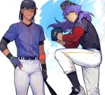  2boys alternate_costume baseball_bat baseball_cap baseball_mitt belt black_hair black_headwear black_legwear bright_pupils commentary_request dark_skin dark_skinned_male earrings facial_hair floating_hair gloves gym_leader hand_on_hip hat jewelry leg_up leon_(pokemon) long_hair male_focus mj_(11220318) multiple_boys pants parted_lips pokemon pokemon_(game) pokemon_swsh purple_hair raihan_(pokemon) shirt shoes short_sleeves socks sweat white_pants white_pupils yellow_eyes 