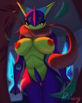  2022 4:5 anthro barely_visible_genitalia barely_visible_pussy big_breasts blue_body breasts curvaceous curvy_figure digital_media_(artwork) digital_painting_(artwork) female forest generation_6_pokemon genitals greninja hi_res katana kunai leaf melee_weapon nintendo nipples paradoxing plant pokemon pokemon_(species) pussy red_eyes solo sword thick_thighs tongue tongue_out tree video_games voluptuous weapon wide_hips yellow_body 