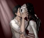  black_eyes black_hair duo female guchiyama hair horn human humanoid kissing male male/female mammal monster ribs skeletal white_body white_skin 