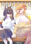  2021 4_fingers anthro big_breasts black_hair blush bra breasts canid canine canis chest_tuft cleavage clothed clothing domestic_dog drinking duo ear_tuft female fingers glass hair japanese_text kemono laugh lemoco long_hair mammal open_mouth open_smile orange_hair sitting smile snout teeth text tongue tuft underwear zakro 